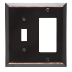 Metallic 2 Gang 1-Toggle and 1-Rocker Steel Wall Plate - Aged Bronze by AMERELLE -AMERELLE Sales aged bronze amerelle combination wall plates 163trdb 31 1000