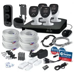 New Home Security Starter Kit 1080P 4-Channel 4-Bullet 1TB DVR with Video Doorbell and Window Door Sensors by Swann -AMERELLE Sales black white swann wired security camera systems dvk446804slwdb c3 1000