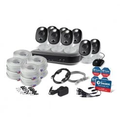 8-Channel 4K UHD 2TB DVR Security Camera System with 8 Wired Enforcer Bullet Cameras and Loud Siren by Swann -AMERELLE Sales black white swann wired security camera systems sodvk 856808rl fa 1000