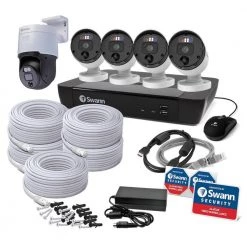 8-Channel 4K 2TB NVR Security Camera System with 4 Wired Bullet Cameras and 1 Wired PT Camera and FREE Analytics by Swann -AMERELLE Sales black white swann wired security camera systems sonvk 8898041pt 44 1000