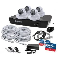 8-Channel 4K 2TB NVR Security Camera System with 4 PoE Pro Enforcer Advanced Analytics Dome Cameras and Loud Siren by Swann -AMERELLE Sales black white swann wired security camera systems swnvk 889804d 4f 1000