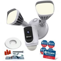 Outdoor Wi-Fi Camera with Motion Activated Floodlight, White by Swann -AMERELLE Sales white swann smart floodlights swwhd flocamw us 44 1000