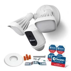 White Outdoor Powered Wi-Fi Camera with Motion Activated Floodlight by Swann -AMERELLE Sales white swann wireless security cameras swififlocam2wus fa 1000